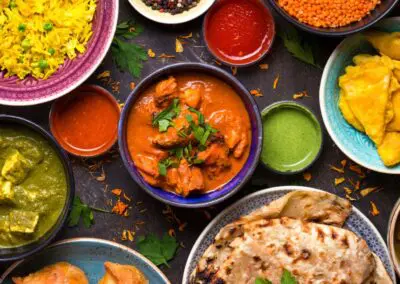 A table laden with Indian cuisine.