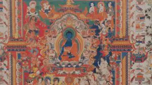 Medicine buddha thangka of the buddha in sudarsahana the medicine city