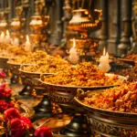 Colorful Buddhist Offering at a Temple, A Spiritual Tradition with Food, Flowers, and Candles, Reflecting Faith and Devotion in Asian Culture