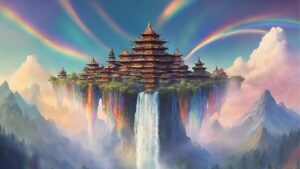 A rainbow arches over the Shambhala Temple.